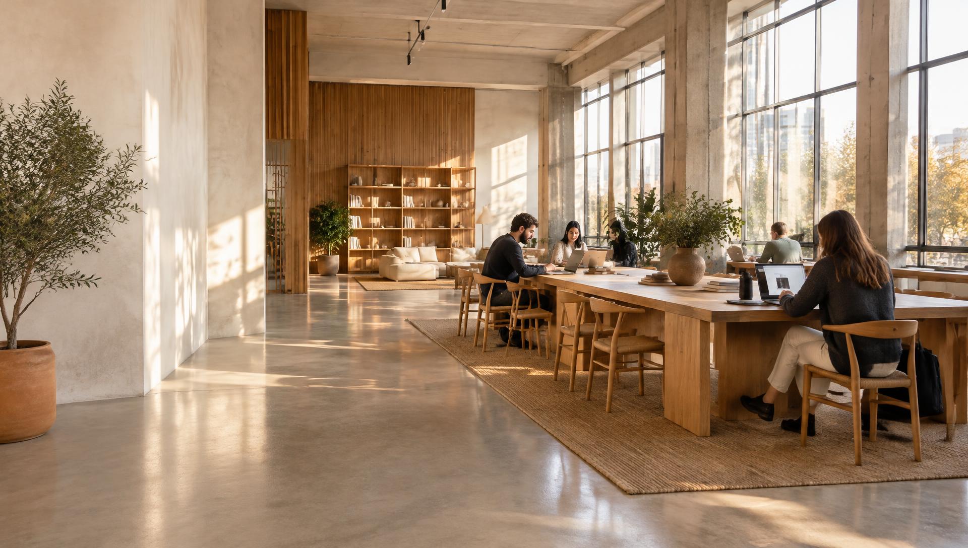 Espacio de trabajo compartido con mesa de roble, luz natural y zona de concentración (imagen conceptual)